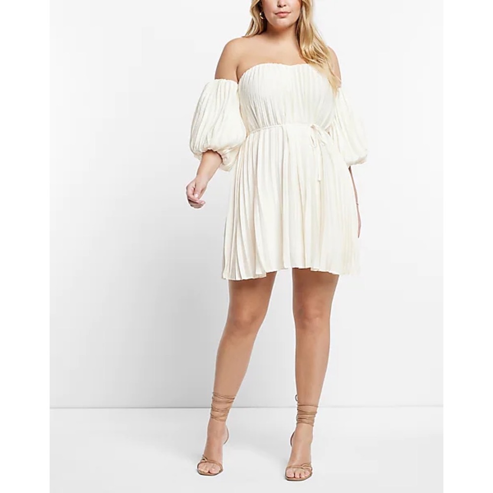 Pleated Belted Off The Shoulder Trapeze Dress